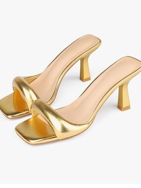 Gold Metallic Square-Toe Heeled Mules for Women